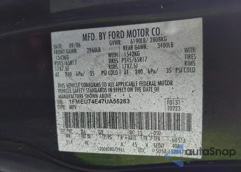 2007 Ford Explorer Eddie Bauer из США, поврежденный, VIN 1FMEU74E47UA55283